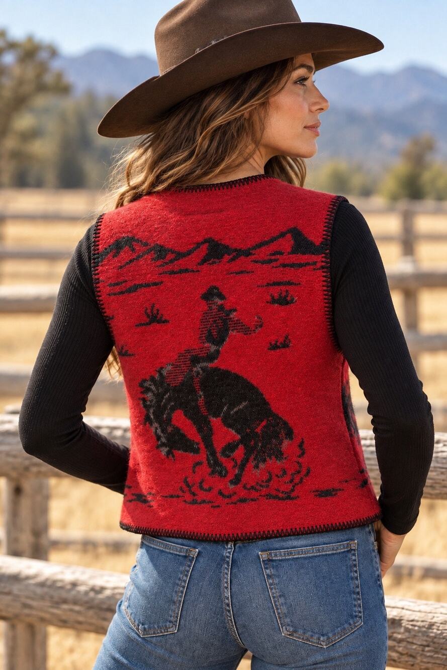 Vintage Wooded River Western Cowboy Bucking Bronco Woven Blanket Vest Red Black